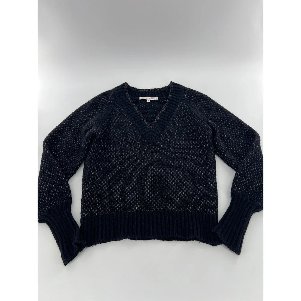 Veronica Beard Mirnie Black Metallic Chunky V-Neck Sweater Alpaca Wool Blend S